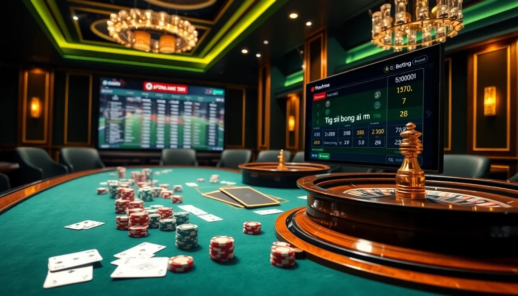 Betting interface displaying tỷ số bóng đá 7m with poker chips and casino elements, showcasing excitement.