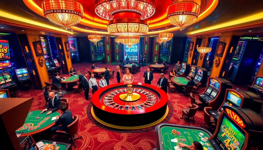 Experience the excitement of gambling at FLY88 with a bustling casino floor showcasing roulette, poker, and high-stakes games.
