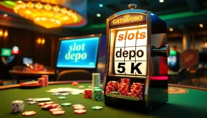 Rasakan pengalaman seru Slot Depo 5k di kasino yang ramai dengan mesin slot modern dan elemen poker berwarna-warni.