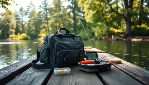 Showcasing a fly fishing bag on a scenic dock, ideal for outdoor adventures.