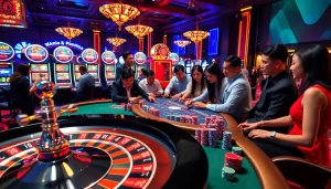Players enjoying thrilling games at nhà cái vmax, featuring roulette, poker, and slot machines.