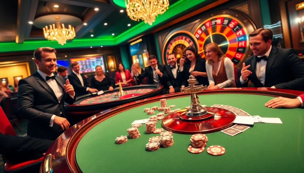 Excited players engaging at a poker table featuring vibrant chips and cards at https://32win.capital/.