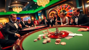 Excited players engaging at a poker table featuring vibrant chips and cards at https://32win.capital/.
