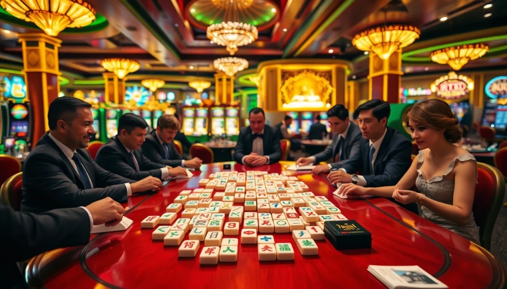 Players enjoying Mahjong Ways 2 at a high-stakes casino table with colorful tiles and gaming excitement.