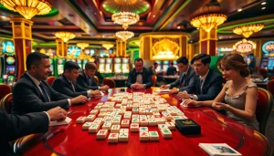 Players enjoying Mahjong Ways 2 at a high-stakes casino table with colorful tiles and gaming excitement.