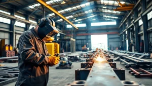 Crafting structural steel welding in an industrial workshop with a skilled welder focused on beams.