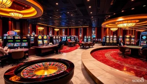 SODO casino players engaged in high-stakes poker and roulette under luxurious lighting.