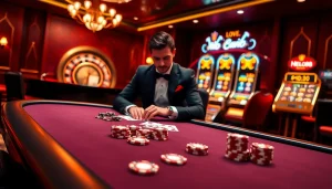 Experience the excitement of nhà cái hello88 at a luxurious poker table showcasing chips and cards.