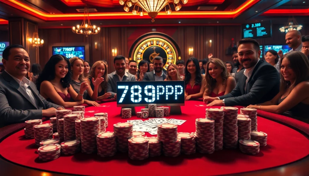 Experience a thrilling gambling scene at a luxurious casino featuring 789PP poker chips and vibrant atmosphere.