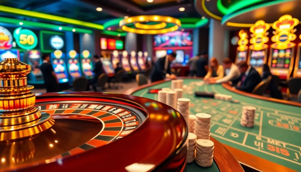 Experience the thrill of online gambling at 555win com with an exciting casino scene featuring roulette and poker.