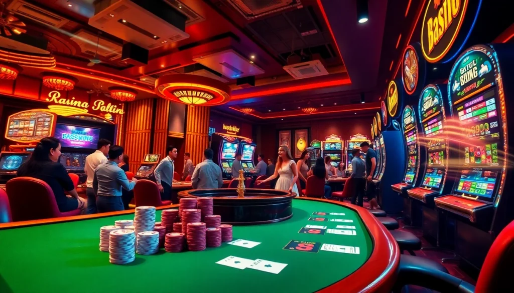 Suasana perjudian yang menarik yang menonjolkan datukwin alternatif dengan pemain di meja poker dan mesin slot.
