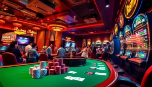 Suasana perjudian yang menarik yang menonjolkan datukwin alternatif dengan pemain di meja poker dan mesin slot.