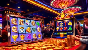 Playing Olympus 1000 slot machine at an upscale casino with vibrant symbols and engaged players.