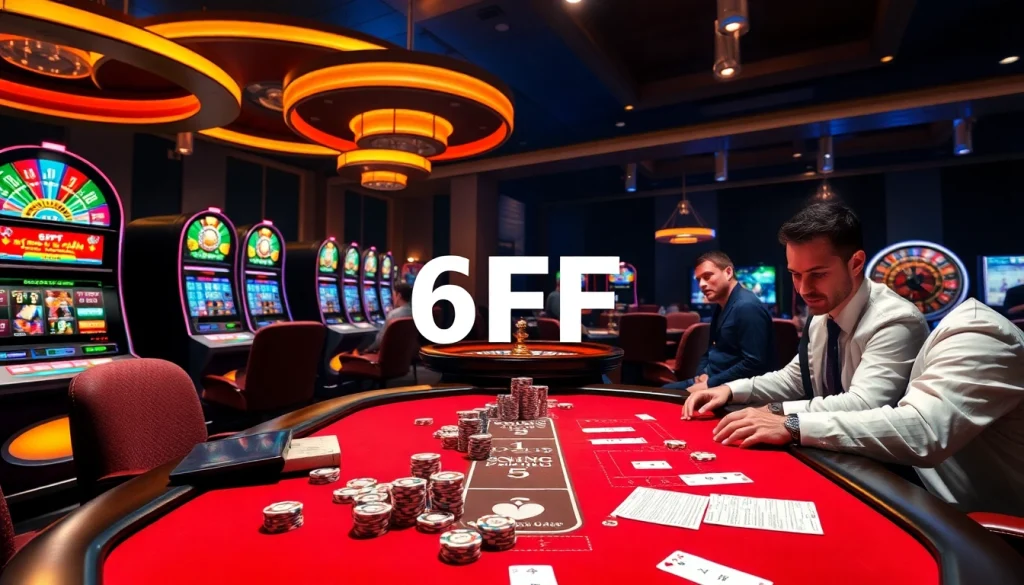 Participants enjoy a thrilling poker game at a glamorous casino featuring 6FF-themed design elements.