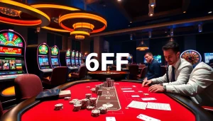 Participants enjoy a thrilling poker game at a glamorous casino featuring 6FF-themed design elements.