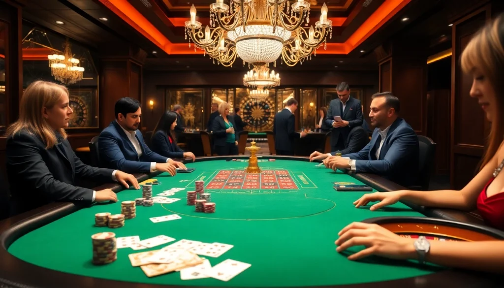 Players enjoying a thrilling game at a Hi88 casino table with poker chips and cards.