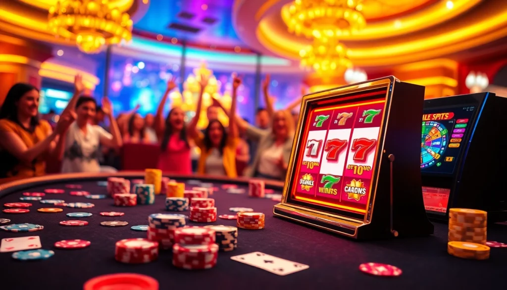 Experience the thrill of ulat123 slot at a vibrant casino featuring lively players and colorful poker chips.