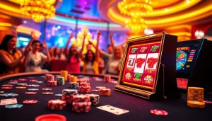 Experience the thrill of ulat123 slot at a vibrant casino featuring lively players and colorful poker chips.