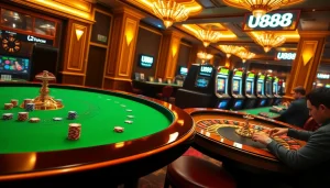 Experience high-stakes excitement at U888 with vibrant casino tables, chips, and slot machines.
