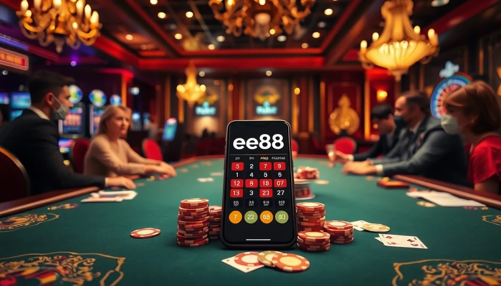 Players enjoying a high-stakes game at a casino table with the ee88 app on display.