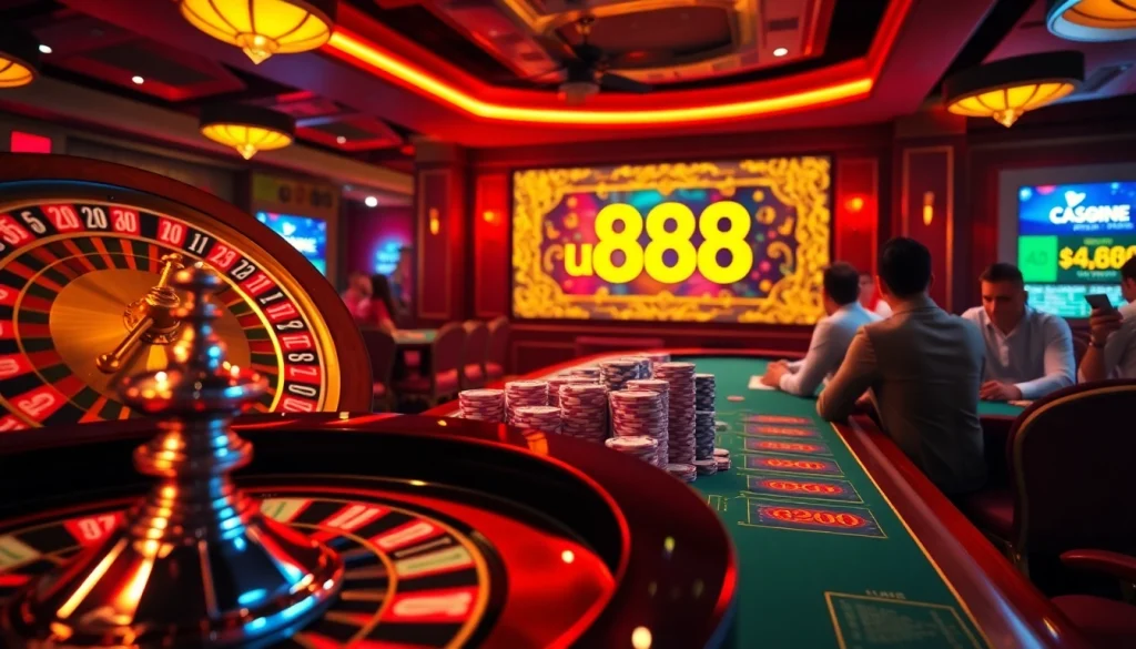 Players enjoy the u888 online casino experience at a vibrant gambling table.
