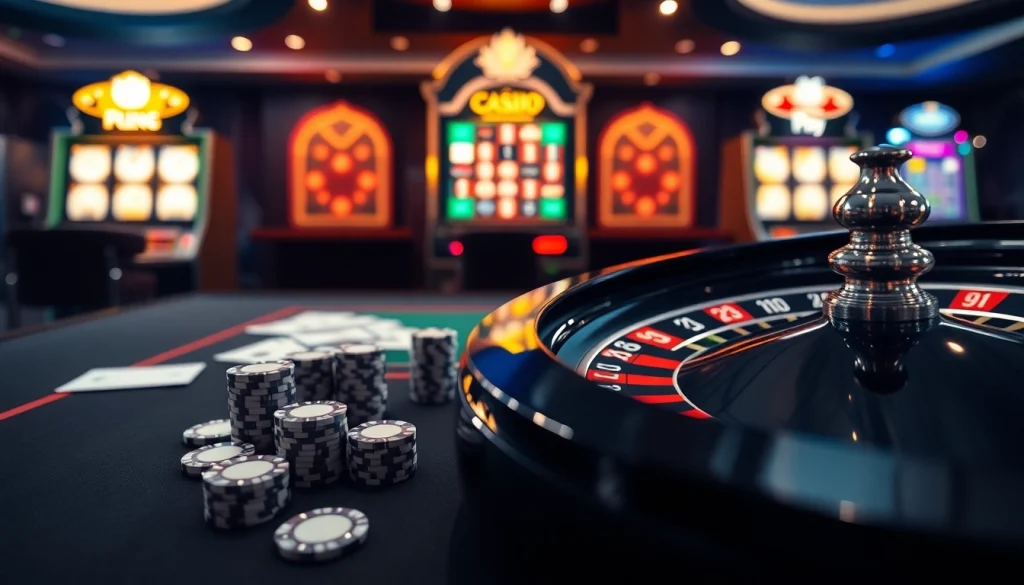 Experience thrilling gameplay at Rikvip with a vibrant casino atmosphere filled with poker chips and cards.