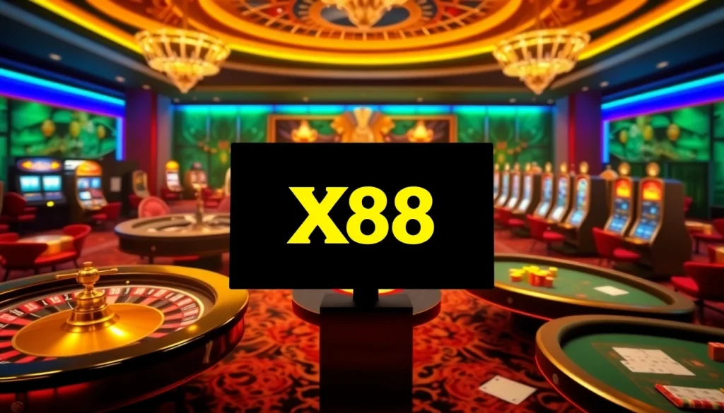 X88 online gambling scene with casino tables and vibrant lighting for an engaging gaming experience.