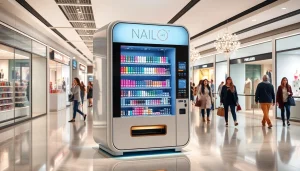 Nail vending machine showcasing a variety of colorful press-on nails in a modern shopping mall.