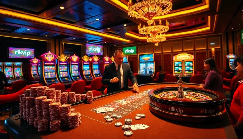 Players enjoying a thrilling game at a rikvip casino table, surrounded by vibrant slot machines.