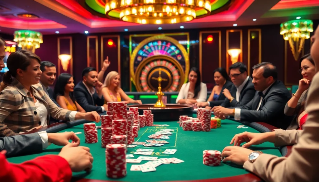 Kết quả các trận bóng đá reflected in a lively casino atmosphere filled with poker excitement and vibrant betting activities.