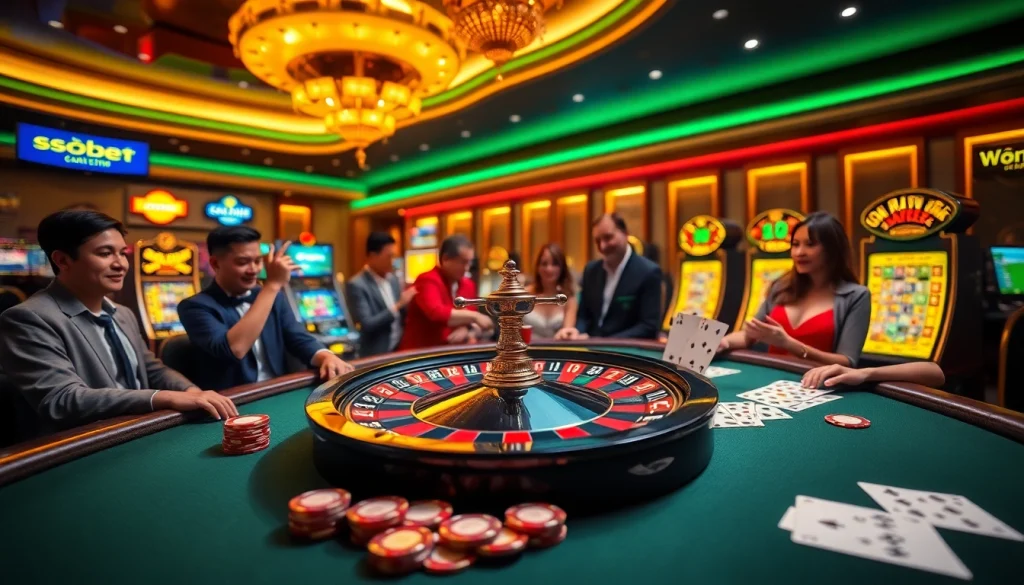 Sbobet online betting scene with poker tables and illuminated slot machines showcasing excitement and professionalism.