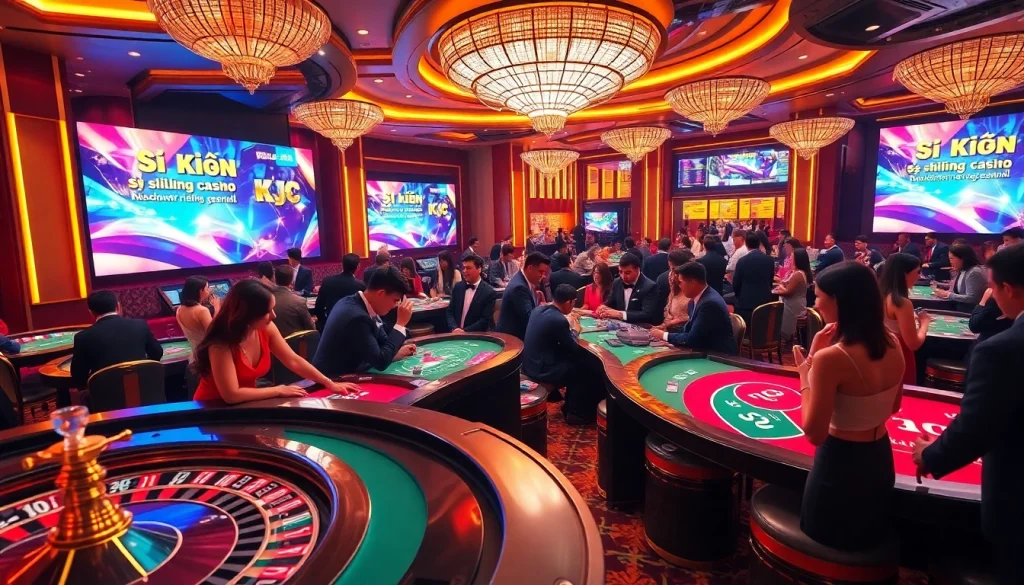 Savoring the excitement of Sự Kiện KJC at a vibrant casino event with elegant gamblers and thrilling games.