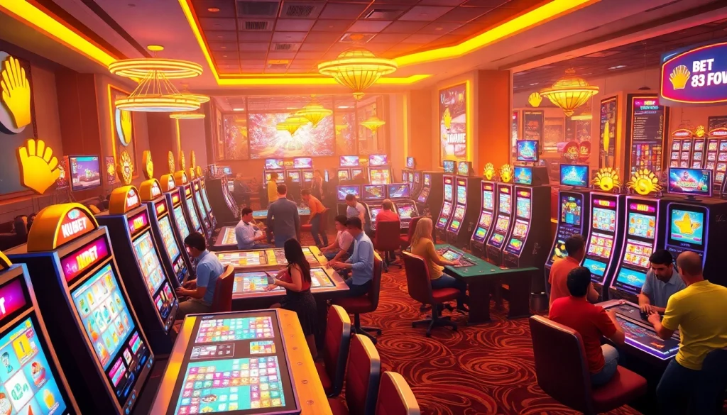Kubet online casino vibrant gaming environment with excited players and glowing slot machines.