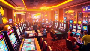 Kubet online casino vibrant gaming environment with excited players and glowing slot machines.