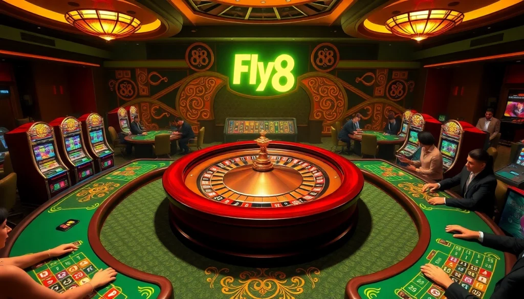 Experience the thrill of Fly 88 with players engaged in intense casino games and vibrant slot machines.