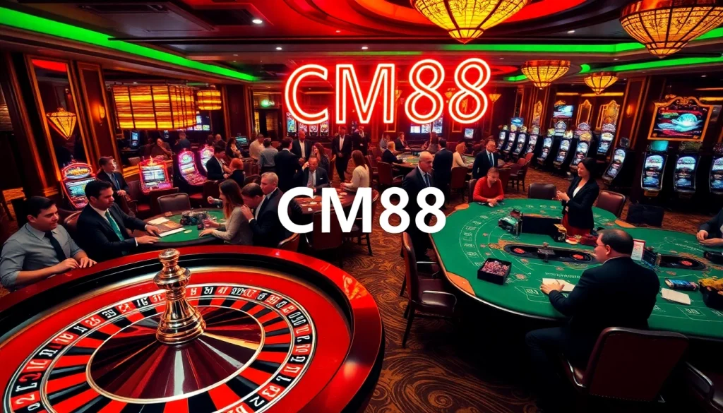 Engaging gamblers at CM88 roulette wheel and blackjack tables in a vibrant casino atmosphere.