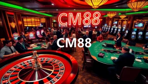 Engaging gamblers at CM88 roulette wheel and blackjack tables in a vibrant casino atmosphere.