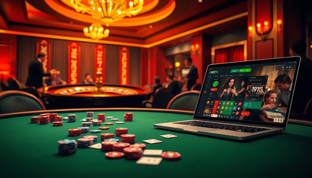 Experience the excitement of bk8th with colorful poker chips and an elegant roulette wheel in a luxurious casino setting.