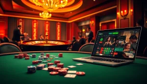 Experience the excitement of bk8th with colorful poker chips and an elegant roulette wheel in a luxurious casino setting.