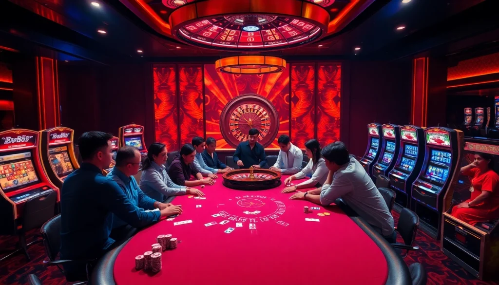Ev88 poker players engage at a luxurious table with cards and chips.