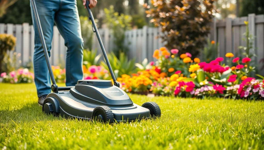 NovorikX lawn mower in action, showcasing innovative design in a vibrant garden setting.