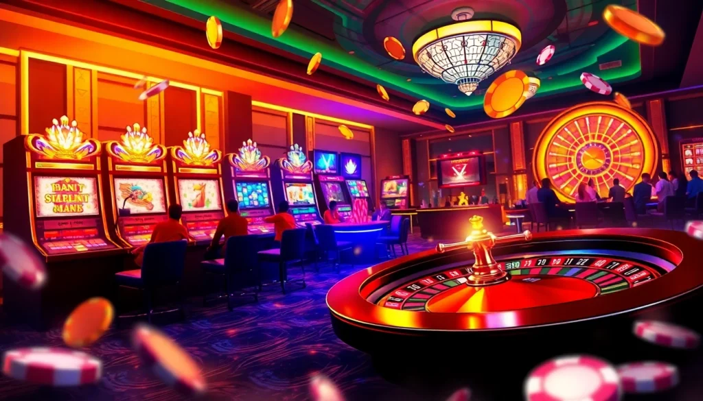 Experience the excitement of Batara88 with a vibrant casino scene featuring slot machines and lively players.