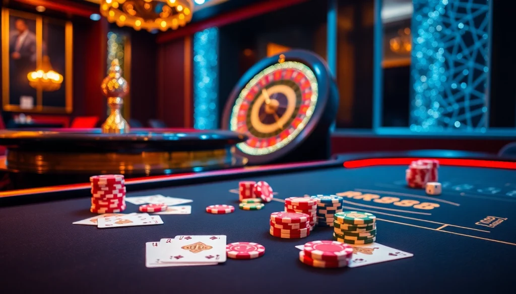 RR88 poker table with vibrant cards and chips in an elegant casino setting.