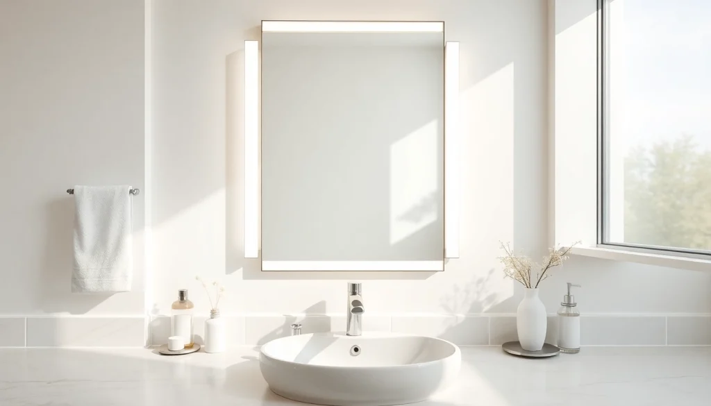 Stylish mirror light mirror enhancing a modern bathroom's ambiance with natural lighting.