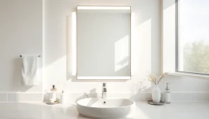 Stylish mirror light mirror enhancing a modern bathroom's ambiance with natural lighting.
