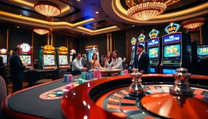 Engaging scene featuring players celebrating wins at bk8thai ทางเข้า casino, showcasing vibrant poker chips and slot machines.