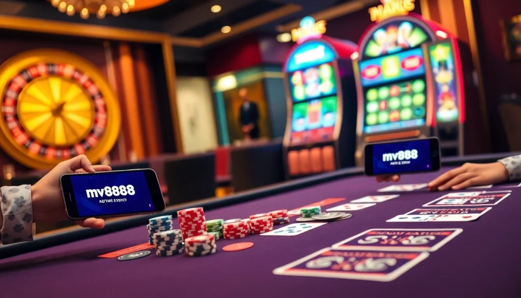 Engaging gamblers strategizing at mv88 poker table with vibrant chips and cards.