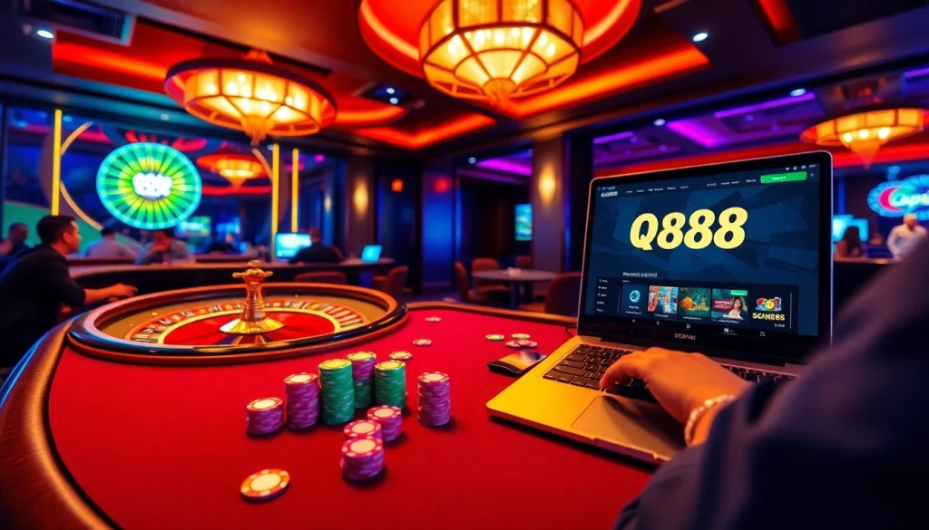 Experience the thrill of betting at QH88's luxurious casino, featuring vibrant tables and poker chips.
