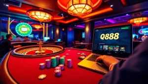 Experience the thrill of betting at QH88's luxurious casino, featuring vibrant tables and poker chips.