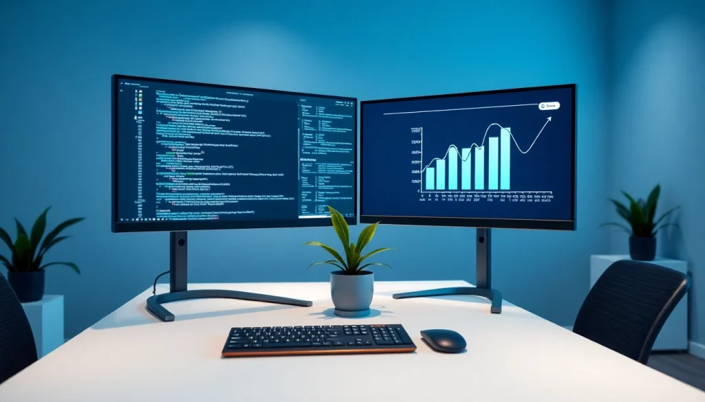 Dynamic software engineering office workspace with coding displays and financial charts.